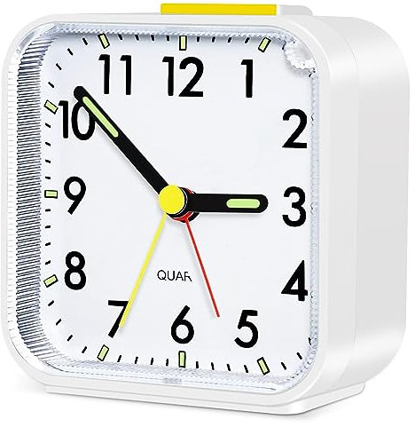 Aitvsfao Alarm Clock, Silent Bedside Non Ticking Alarm Clocks Table Bedside Clock Battery Powered Large Display Snooze Light Clocks for Heavy Sleepers Kids Bedrooms Office Travel (White)