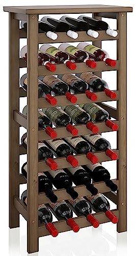 SMIBUY Bamboo Wine Rack, 28 Bottles Display Holder with Table Top, 7-Tier Free Standing Storage Shelves for Kitchen, Pantry, Cellar, Bar (Walnut)