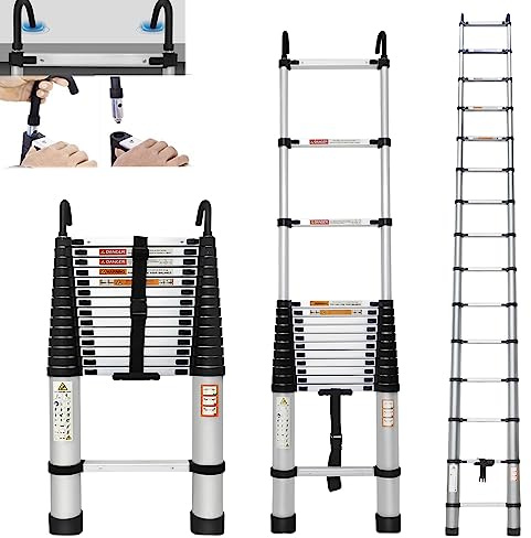 Teleskopleiter mit 2 Haken, 6,2M Aluminium Klappleiter Rutschfester Stehleiter, 150 kg/330 Pfund Belastbarkeit Ausziehbare Leiter, Gefaltet 104cm, Mehrzweckleiter für Haus,Garden,im Freien