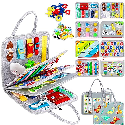 Esjay Busy Board Montessori Spielzeug, Activity Board Kleinkinder Motorikspielzeug, Geschenk Junge Mädchen Kinder, Sensorik Lernspielzeug, Motorikbrett für Reise Auto Flugzeug (Grau Multipage)