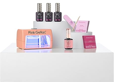Pink Gellac Gel Nägel Set - UV Gelnägel Starterset mit Mini UV Lampe Peach, 1x Rosa Farbe 15 ml, Top Coat Gel, Base Coat, Entferner & Cleaner - Nägel Selber Machen in Salonqualität