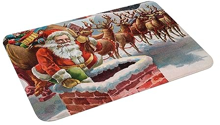 Badematte mit Weihnachtsmann-Rentier und Schlitten auf dem Dach, rutschfest, Mikrofaser, sehr saugfähig, 40,6 x 61 cm