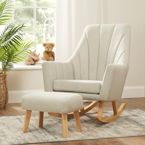Tutti Bambini Jonah Baby Rocking Chair with Foot Stool - Nursing Chair with Ergonomic Backrest & Armrest for Comfortable Cradling & Feeding, Soft-Touch Rocking Chairs for Adults (Pebble Grey)
