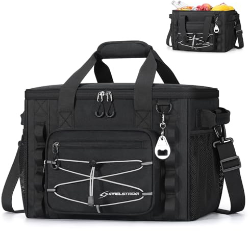 Maelstrom Soft Sided Cooler Bag, 30/40 Can Collapsible Insulated Ice Chest, Large Leakproof Portable Storage for Camping, Travel, Kayaking & Beach (1.Black, 30 Can)