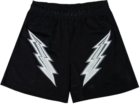 DIOTSR Mens Retro Graphic Shorts Athletic Running Basketball Shorts Casual Streetwear Shorts with Pockets Drawstring (Black-White Lightning,Large)