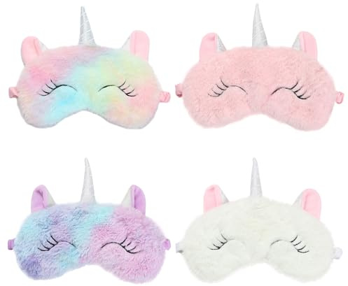 Set aus 4 Augenmasken für Kinder, ultraweiche und komfortable Schlafmasken für Frauen und Kinder, niedliche Einhorn-Plüsch-Schlafmasken, blockiert Licht während eines Nickerchens oder auf Reisen ab