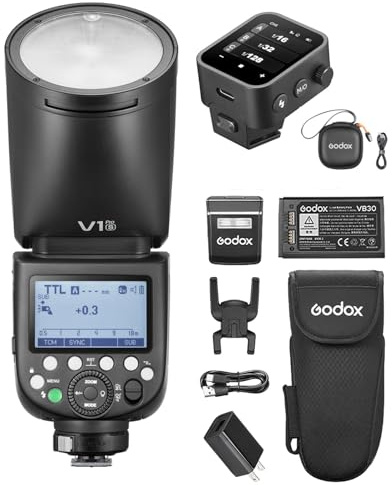 GODOX V1 PRO S Rundkopfblitz Blitzgerät + Blitzauslöser 1/8000 s HSS 1,3 s Wiederaufladezeit, M/TTL-Blitzmodus, 32 Kanäle, 22 Stufen Blitzleistung einstellbar, mit Typ-C Cable für Sony-Kameras