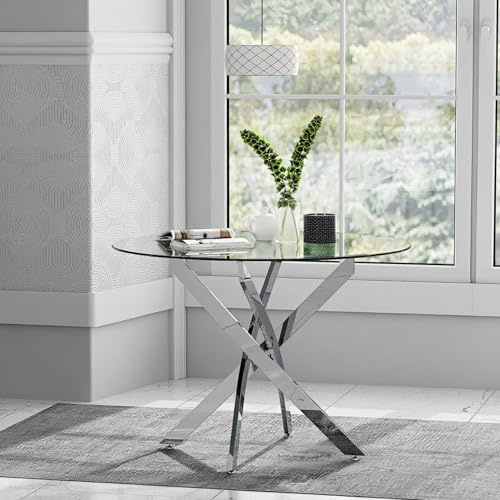 GOLDFAN Table à Manger Ronde en Verre, Table Moderne de Cuisine, Argenté, 80 cm