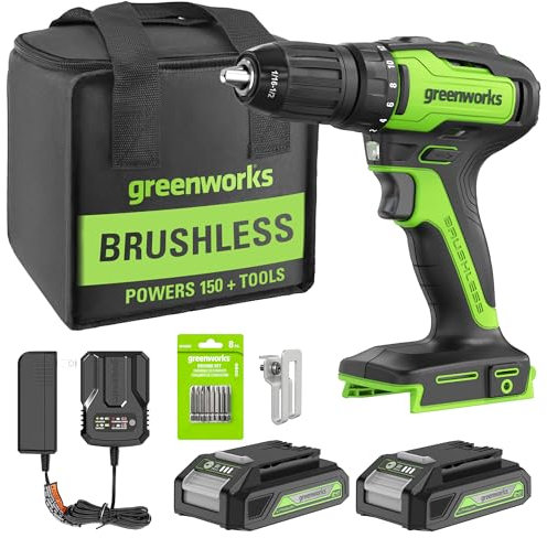 Greenworks 24V Cordless Drill/Driver Combo Kit, 310 in./lbs, 18+1 Position Clutch, 1/2 Keyless Chuck, Variable Speed, with 2 2Ah Battery, 8pcs Drill Bits and Tool Bag