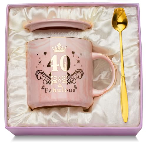 WXYTXHYQ Tasse en Céramique Marbrée Rose pour Anniversaire 40 Ans Femme - Cadeau Original Personnalisé Avec Couvercle, Cuillère, Carte de Vœux et Boîte