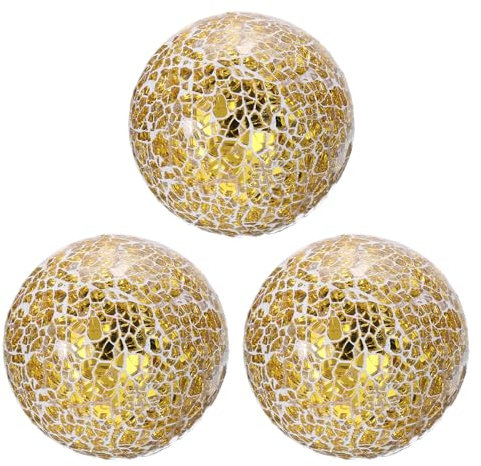 QUARKZMAN 3pz Palle Decorative in Vetro 8cm Sfere Centrotavola Sfere a Mosaico in Vetro per Decorazione Ciotole Vasi Tavolo Pranzo Festa, Tono Oro