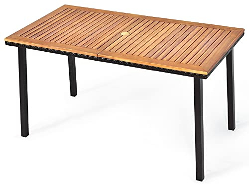 COSTWAY Gartentisch mit Schirmloch, 140x75x76cm, Esstisch für 6-8 Personen, Terrassentisch mit Tischplatte aus Akazienholz, rechteckiger Holztisch mit Metallrahmen
