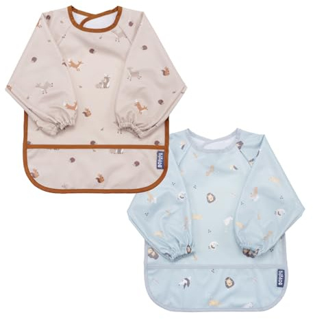 BIBaDO Mess Proof Baby Bib, 2 Pack Long Sleeve Bib, 6 month - 3 Years, Waterproof Bibs for Toddlers, Machine Washable Baby Feeding Gift Sets (Forest & Arctic)