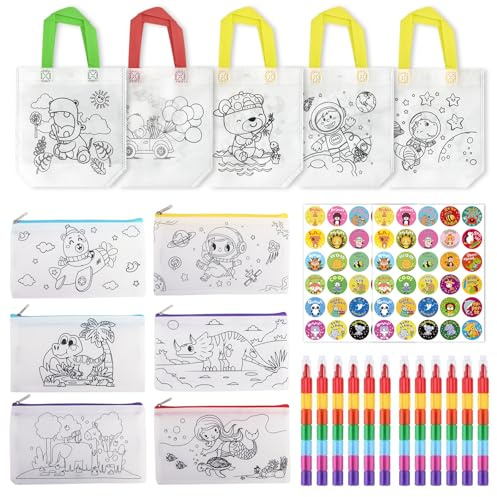 FIHODONE 25 Stück Taschen zum Bemalen für Kinder Set, Taschen Bemalen Kindergeburtstag, Stofftasche Bastelset Kindergeburtstag, Basteln mit Stapelbare Wachsmalstifte, für DIY, Spiele