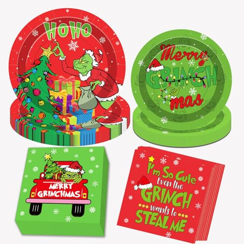 Decoraciones de fiesta de Navidad, 96 unidades, platos de Navidad rojos y verdes, servilletas para suministros de fiesta temática de Navidad, decoración de mesa (rojo)