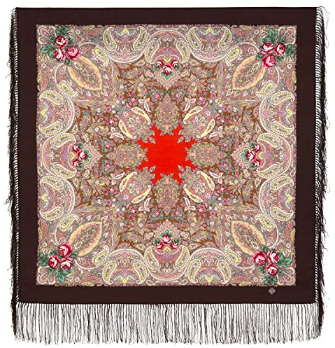 Fashion Accessoires Damen Schal Pavlovo Posad Shawl Manufactory Schultertuch Umschlagtuch russisches Tuch Gold auf Braun Stola Damen Wolle 89x89 cm