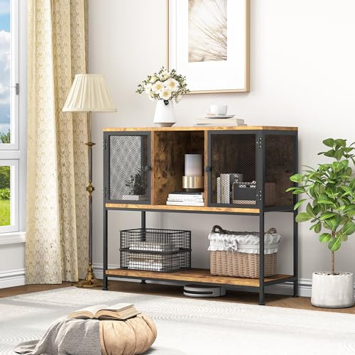 YITAHOME Küchenschränke mit Weinhalter, Sideboard Aufbewahrungsschrank, Buffet-Weinschrank, Sideboards für Wohnzimmer, Esszimmerschränke, Sideboards mit 2 Türen 100x85x35cm (Rustic Brown)