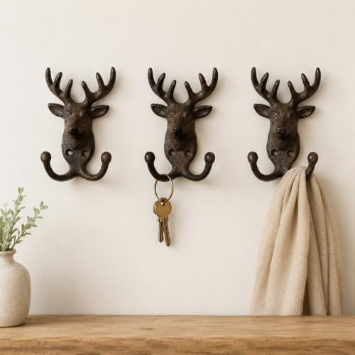 Fyne-Finds Set of 3 Cast Iron Stag Head Wall 2 Hooks Each Rack Utility Storage for Coats Keys Bags Leads Hook