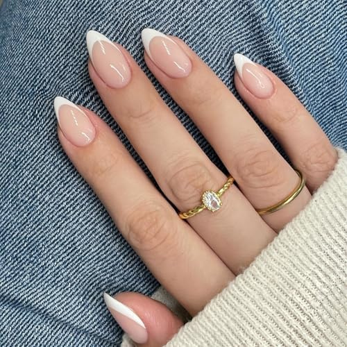 SXVME 30 Pcs Acrylic Press on Nails Short Almond, White French Tip False Nails Short Pointed Stiletto, Natural Nude Fake Nails Set Classic Soft Gel Stick on Nail for Women Daily Wedding Wear