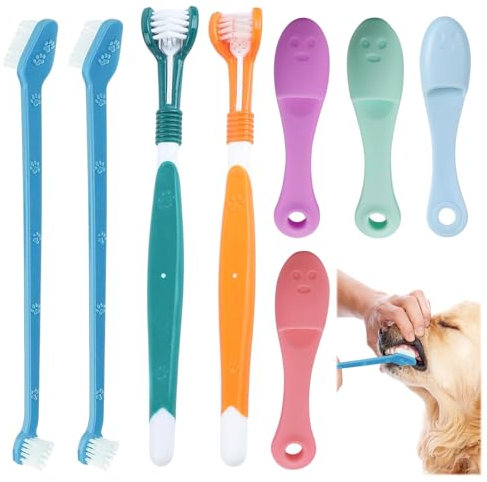 Hunde Zahnbürsten-Set: 2 Stück Dreifach Köpfe Hundezahnbürsten,2 Doppelkopf-Zahnbürste, 4 Finger-Zahnbürste,Zahnbürste Hund,Multi-Winkel-Cat Toothbrush für Kleine, Mittelgroße und Große Haustiere