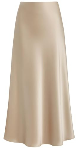 Outoshe - Ladies Satin High Waist Hidden Elastic Waist Flared Maxi Skirt | Hidden elastic waistband, bias cut, leopard polka dot print, work, fall, dressy outfits, silky skirt