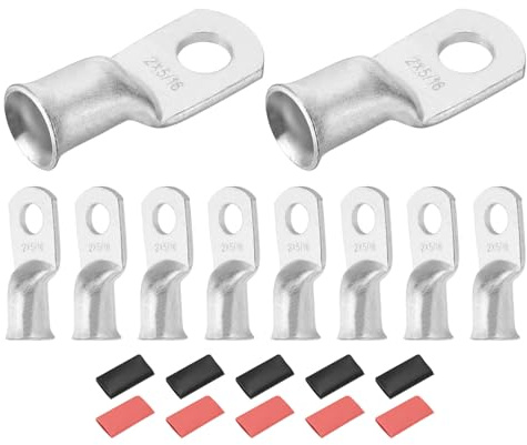 DMiotech 10 Pcs 2 AWG - 5/16 Tinned Copper Cable Lugs, Battery Cable Ends, Heavy Duty Copper Wire Lugs with 10pcs Heat Shrink Tubing for Electrical Projects, Silver