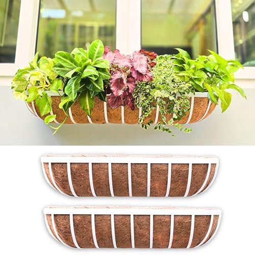 LaLaGreen Outoor Planter Box (2Pack, 30) White Metal Deck Railing Flower Boxes with Coco Liners, Rectangular Wall Hanging Planters for Window Plant Horse Troughs Fence Balcony Garden Herb Patio Porch