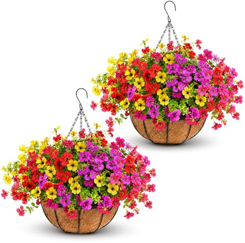 Geegoods 2 Pack Artificial Hanging Flowers for Outdoors, 24 Pcs UV Resistant Faux Mums Flowers with 2 Hanging Baskets, Fake Hanging Plants for Front Porch, Patio, Balcony, Yard and Garden Decor