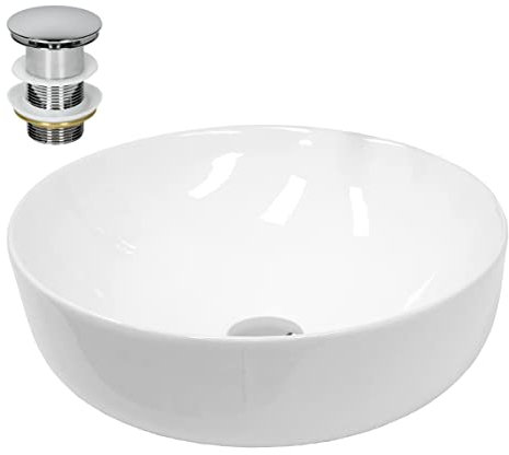 LuxeBath Waschbecken Keramik rund Ø 400 x 135 mm Weiß mit Ablaufgarnitur Silber, Aufsatzwaschbecken für Badezimmer/Gäste-WC, Modernes Aufsatzbecken, Waschtisch Waschschale Waschplatz Handwaschbecken