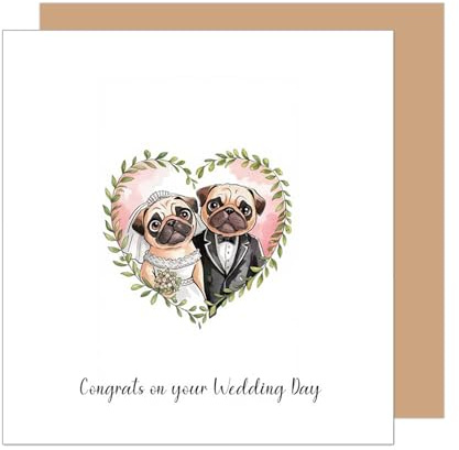 Edition Seidel Premium quadratische Glückwunschkarte zur Hochzeit mit Umschlag. Hochzeitskarte Grußkarte Vermählung Just Married Herz Hund Mops (HQ147 SW025)