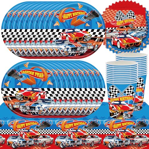 61Pcs Race Car Birthday Party Tableware, Kids Birthday Decorations Supplies, Race Car Party Tableware Includes Plates Cups Paper Napkins Tablecloth (20 Guests)
