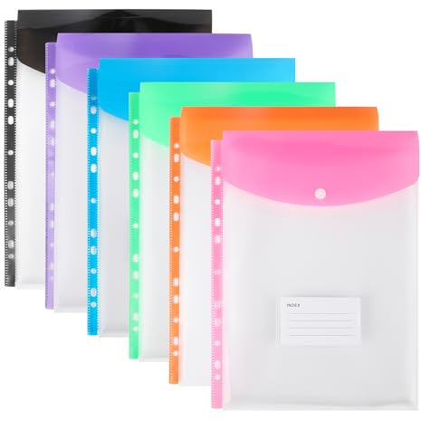 Plastic Wallets A4 Punched Pockets, 11 Holes Expandable Binder Folders for 2/3/4 Ring Document Pouch with Snap Button & Label Loose-Leaf Transparent for Office School Home (6 Pack - Top Open)