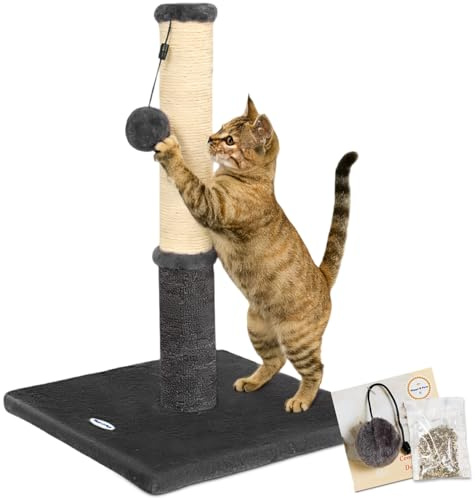 Happi N Pets Cat Scratching Post, Cat Scratcher for Indoor Cats, Sisal Scratching Post & Carpet Post in One, Stable Kitten Scratching Post with Replaceable Toy, Extra Free Toy, Smokey Gray