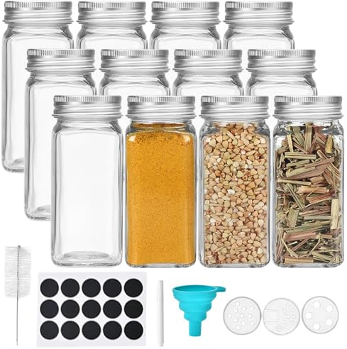 miaomiao 12 Stück Gewürzgläser Eckig Set, 120 ml Gewürzdosen Gewürze Organizer, Gewürzbehälter Spice Jars mit Streueinsatz, Etiketten Schwarz, Trichter, Reinigungsbürste, Stift