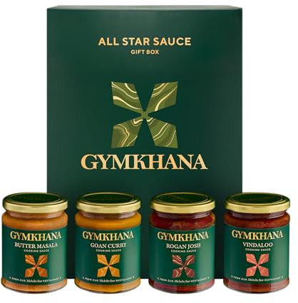 Gymkhana All Star Gift Box, Indian Cooking Sauces, 300ml per Jar - 4 Pack | Gourmet Curry Sauces | 1 Jar of Each, Butter Masala, Rogan Josh, Goan Curry & Vindaloo | Indian Food Gifts for Cooks