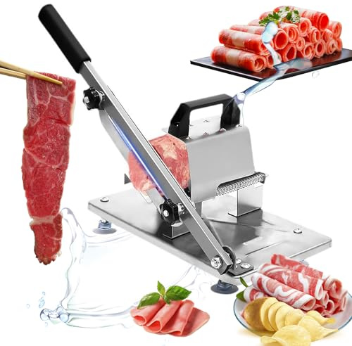 Manual Frozen Meat Slicer with 3 Blades, Adjustable Thickness Stainless Steel Cutter for Home Cooking, Hot Pot, Shabu Shabu, BBQ