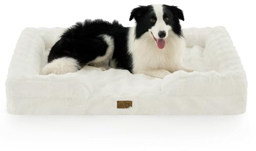 COZY KISS Orthopedic Dog Bed for Extra Large Dog 44x32 inch, XL Faux Fur Pet Sofa, Bolster Foam Bed with Sides, Non-Slip and Egg-Crate Big Dog Couch Bed with Washable Removable Cover, Bege