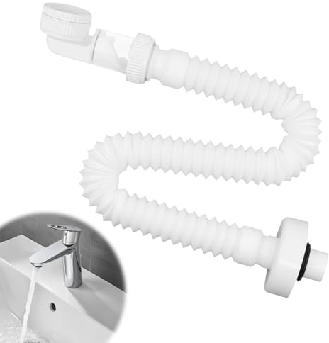 MISIQIMA 1/4 Zoll Siphon, Raumsparsiphon, Flexibler Ablaufschlauch, Austauschbarer Abwasserrohr, 360° Einstellbarer Siphon Waschbecken für Küche, Bad, Waschmaschine (weiß)