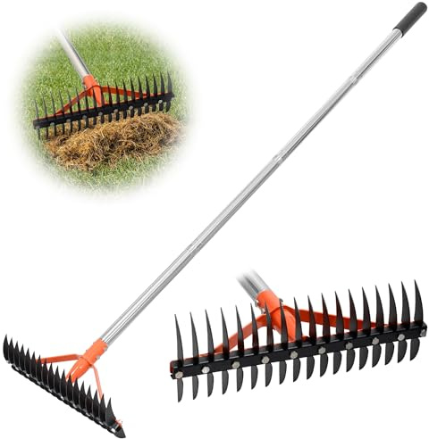 CKLT Thatch Rake for Lawns 18 Sharp Tempered Spring Steel Tines Dethatcher Rake Heavy Duty Dethatching Rakes with 62.5 Adjustable Stainless Steel Handle for Lawn Care，Dead Grass, Garden, Yard