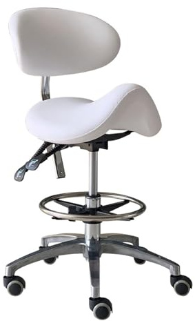 FXLUHAY Weißer Sattelhocker mit Rollen, Rückenlehne und Fußstütze, Hochleistungsstuhl for Beauty-Spa-Massage, Bürostuhl, Zahnhygienesitz