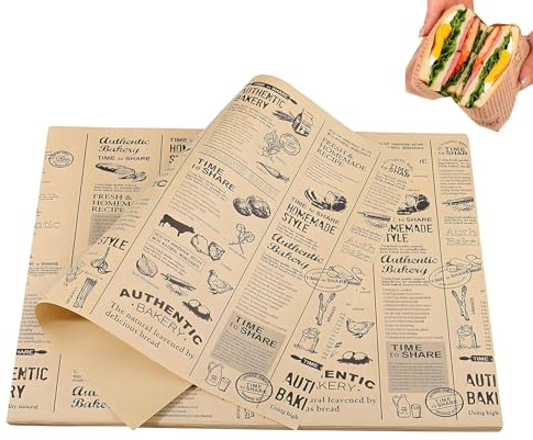 100 Blatt Backpapier, Brotverpackungspapier im Zeitungsstil, 28 x 38cm Wachspapier, Wasserdicht und sehr fettbeständig, geeignet für Butter, Käse, Sandwiches, Burger und Pommes frites