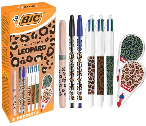 BIC et Tipp-Ex Collection Léopard - Stylos-Bille Pointe Moyenne (1,0 mm), Surligneur Pointe Biseautée, Rubans Correcteurs (6 m x 5 mm) - Motifs Aléatoires, Boîte de 8