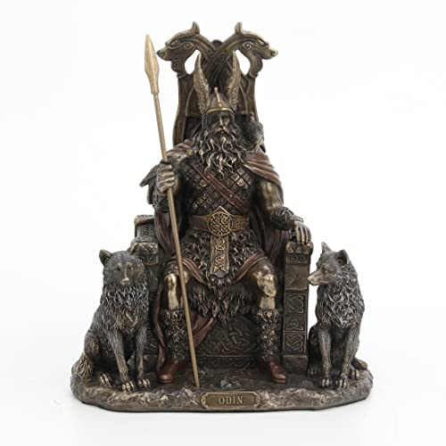 Veronese Design Statue du Dieu Nordique Odin sur Le trône avec Loups Finition Bronze