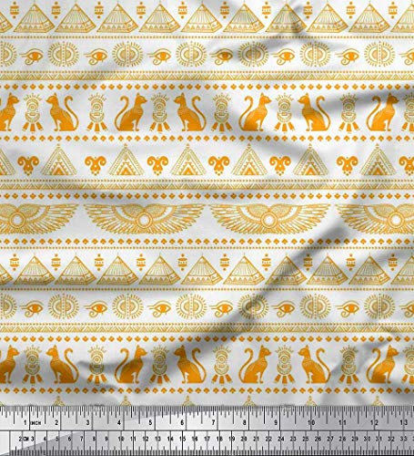 Soimoi Orange Baumwoll-Popeline Stoff Katze, Pyramiden & Flugel agyptisch Stoff Meterware 42 Zoll breit