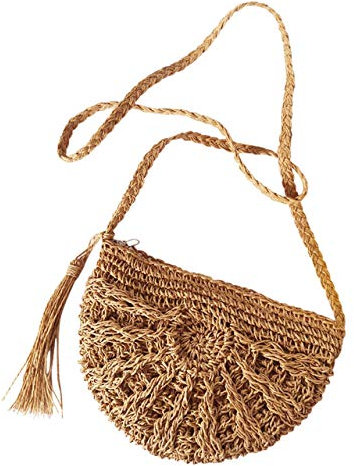 Faletony Sommer Stroh Strandtasche Umhängetasche Halbrund Hohl Strohtasche Crossbody Strand Tasche für Damen Mädchen Frau, Khaki/Weiß (Khaki)