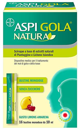 Aspi Gola Natura, Sciroppo Mal di gola e Tosse Associata a base di Estratti Naturali di Aloe Vera, Lichene Islandico e Acido Ialuronico, Gusto Limone e Amarena, dai 6 anni, 16 Bustine Monodose 10 ml