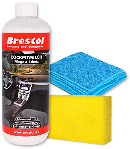 Brestol Cockpitmilch 1000 ml + Zubehör SET - Cockpitpflegemilch Cockpitreinigungsmilch Innenraumpflege Tiefenpflege Kunststoffpflege Gummipflege Cockpitpflege Vinypflege