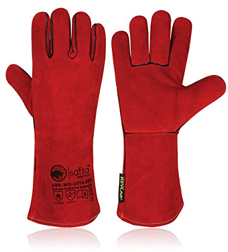 SAFTA Extreme Heat Resistant Gloves, Welding Gloves, Fire Heat Resistant Black 14INCHES, Fireproof Leather For Stick Mig Welder Forge Blacksmith Fireplace Wood Stove Fire. (Red Black) (Red)