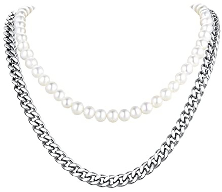 U7 Herren Perlenkette Edelstahl Panzerkette + Süßwasser-Zuchtperlen Zweireihige Halskette trendige Doppelhalskette Kette Party Modeschmuck Accessoire für Damen Mädchen Vater 02: Weiß-Silber
