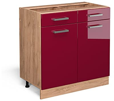 Vicco Küchenunterschrank R-Line, Rot Hochglanz, 80 cm | 2 Schubladen · Ohne Arbeitsplatte · Höhenverstellbare Füße · 2 Türen · ✓ Leichter Zugriff